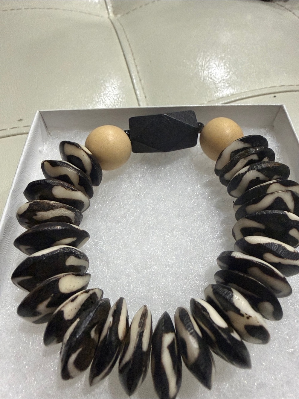 Handcrafted Black and Cream African batik  Stretch Bracelet